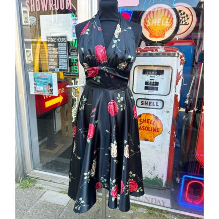 Red & Yellow Roses Satin Dress Black -XS | 70% korting | Fiftiesstore