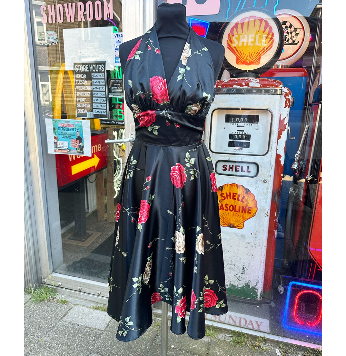 Red & Yellow Roses Satin Dress Black -XS | 70% korting | Fiftiesstore