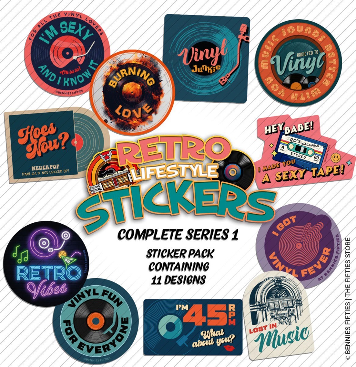 Retro Lifestyle Stickers Complete Series 1 Sticker Pack (11 st.) | 18% korting | Bennies Fifties