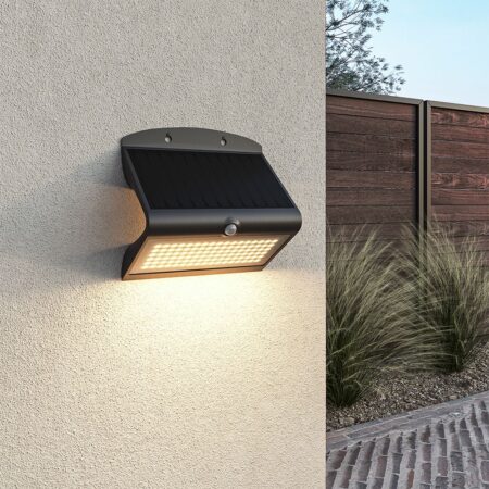 Rhodes Solar Wandlamp met Bewegingssensor - 8W - 3000K Warm wit - 2 lichtstanden - IP65 waterdicht - Wandlamp Schutting - Zwart | HOFTRONIC