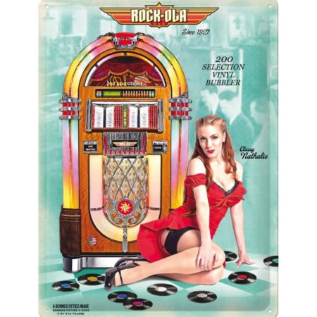 Rock-Ola Vinyl Bubbler Jukebox Pin-Up Classy Nathalie Metalen Bord 30 x 40 cm | Rock-Ola