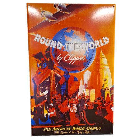 Round The World by Clipper Pan-Am Vintage Reclame Emaille Bord - 65 x 42cm | Fiftiesstore