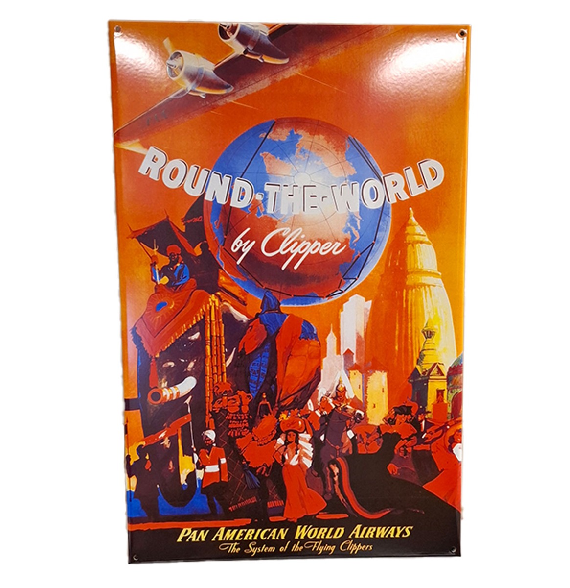 Round The World by Clipper Pan-Am Vintage Reclame Emaille Bord - 65 x 42cm | Fiftiesstore