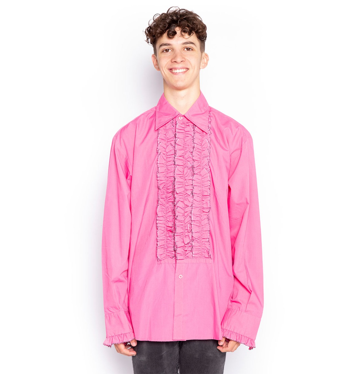 Ruffles Shirt Pink with Black Ruffles -M | Fiftiesstore