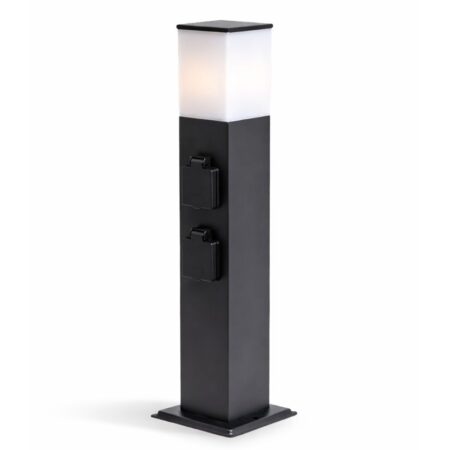 Rustic M Buitenstopcontactpaal 51cm - LED sokkellamp met buitenstopcontact - 4 stopcontacten - IP44 waterdicht - E27 fitting - Zwart - Tuinlantaarn | HOFTRONIC