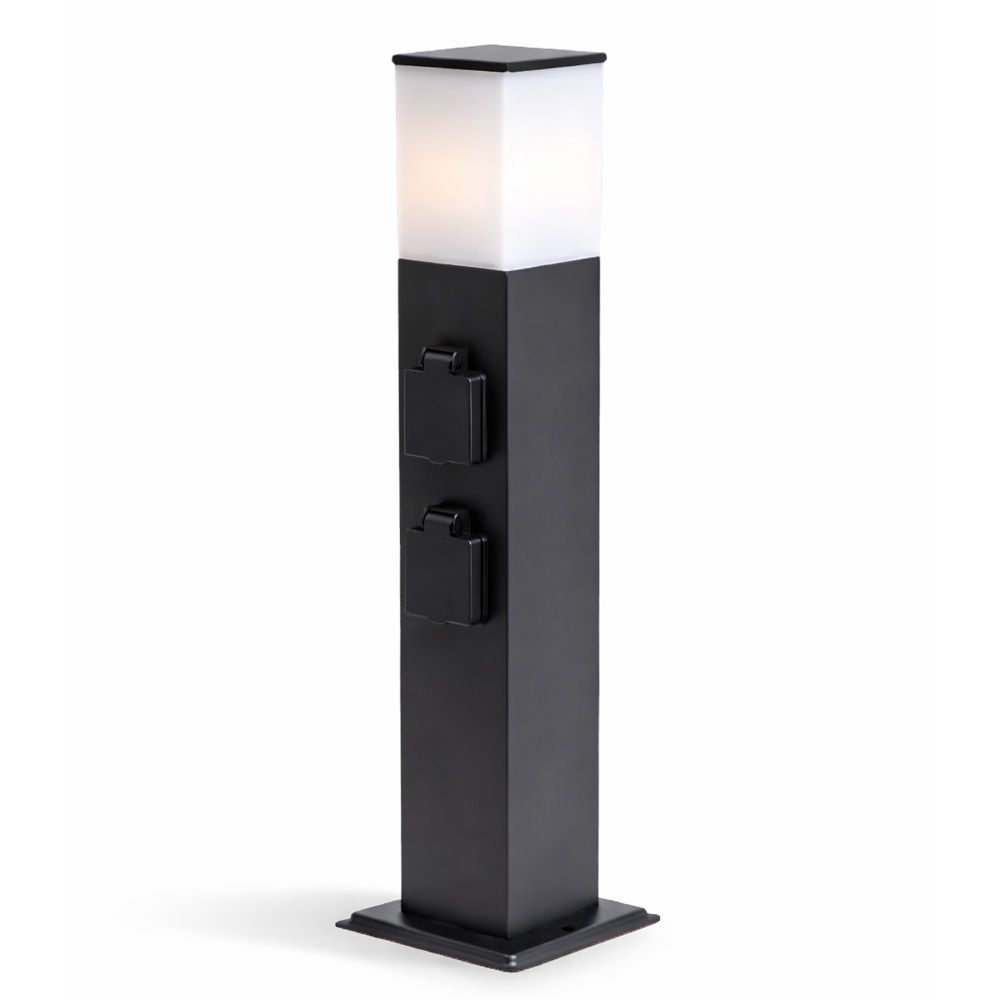 Rustic M Buitenstopcontactpaal 51cm - LED sokkellamp met buitenstopcontact - 4 stopcontacten - IP44 waterdicht - E27 fitting - Zwart - Tuinlantaarn | HOFTRONIC