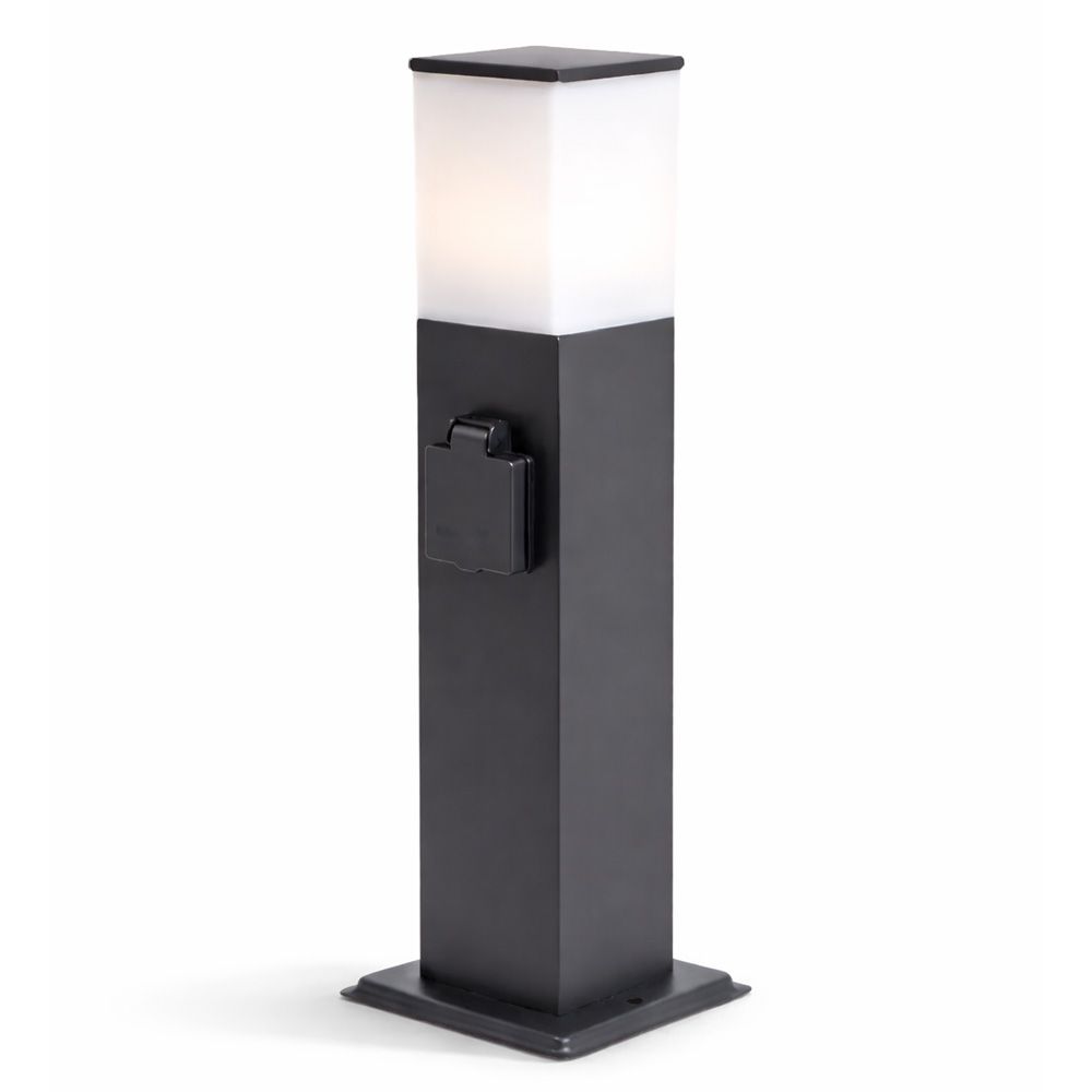 Rustic S Buitenstopcontactpaal 42cm - LED sokkellamp met buitenstopcontact - 2 stopcontacten - IP44 waterdicht - E27 fitting - Zwart - Tuinlantaarn | HOFTRONIC