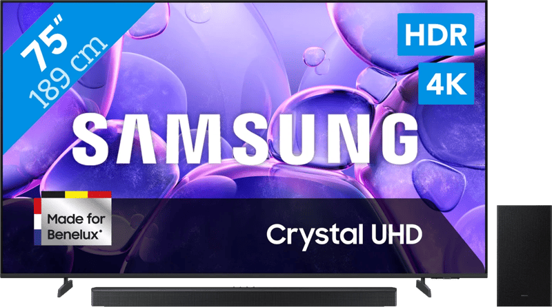 Samsung 75" Crystal UHD U8070F (2025) + Samsung HW-B750F Zwart