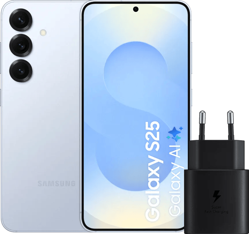 Samsung Galaxy S25 128GB Lichtblauw 5G + Samsung Oplader 25 Watt Zwart