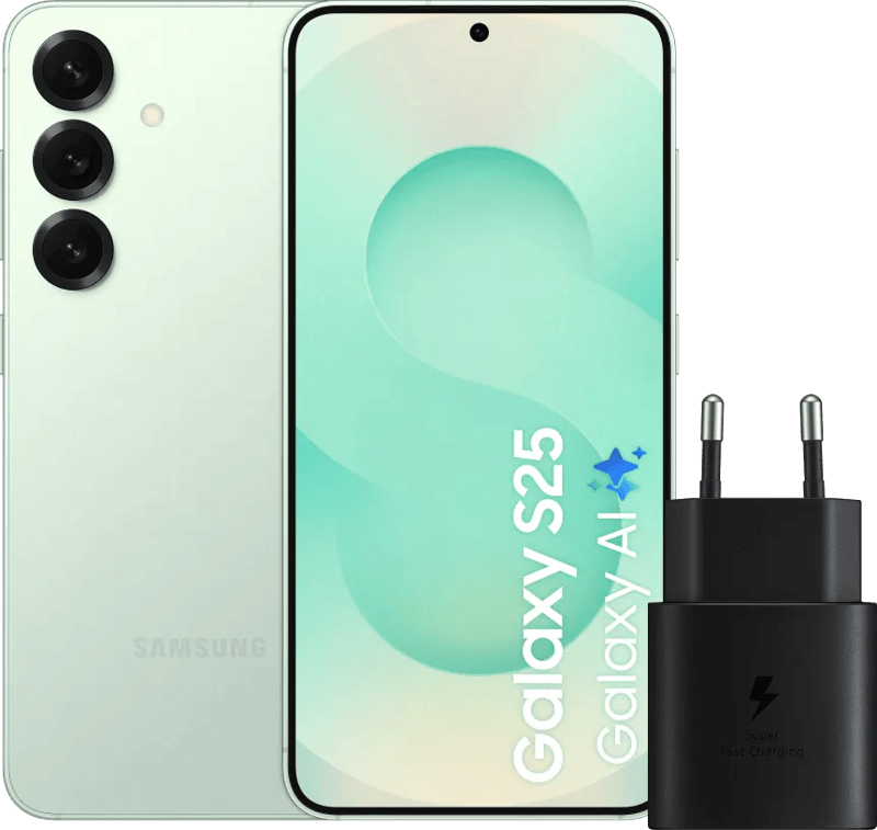 Samsung Galaxy S25 256GB Mint 5G + Samsung Oplader 25 Watt Zwart