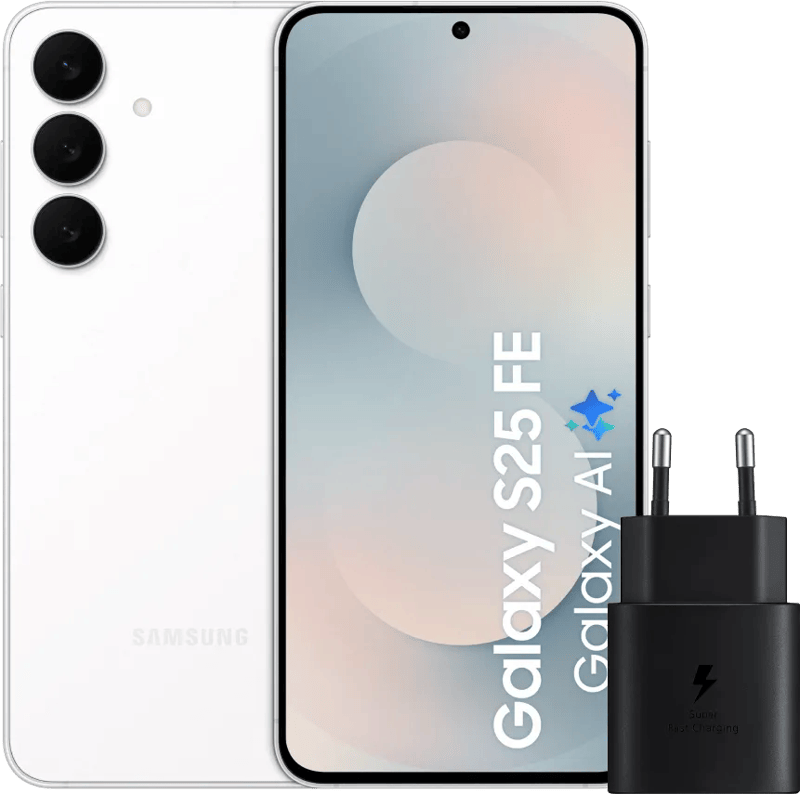 Samsung Galaxy S25 FE 128GB Wit 5G + Samsung Oplader 25 Watt Zwart