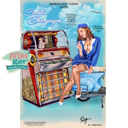 Seeburg V200 Jukebox Pin-Up Carlotta Champagne Zwaar Metalen Bord 44