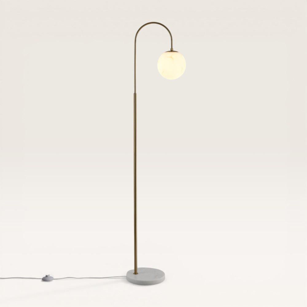 Sereno - Staande lamp Messing - Marmeren voet - 160 cm - Woonkamer lamp - Modern design - E27 fitting - Albast glas - Met voetschakelaar | LUSENZ
