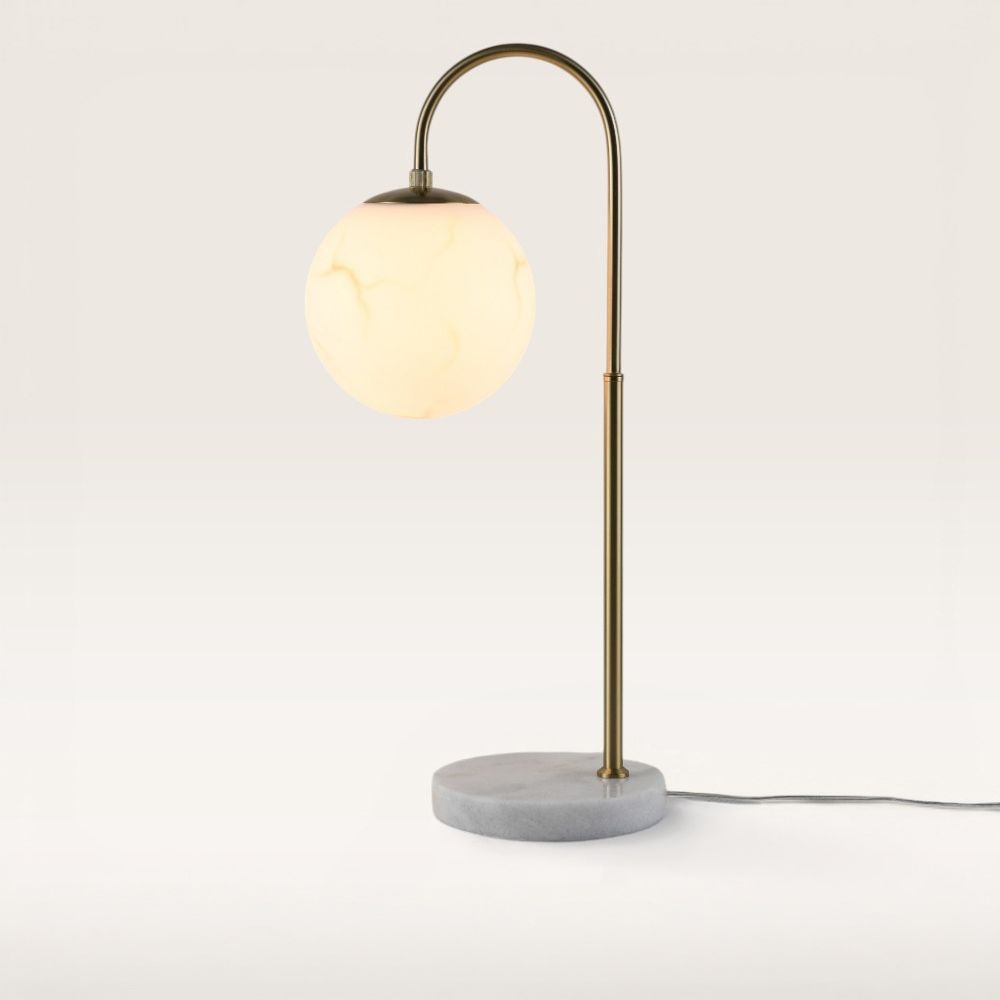 Sereno - Tafellamp Messing - Marmer voet - 30 cm - Modern design - Salon tafellamp - E27 fitting - Albast glas - Met aan/uit schakelaar | LUSENZ