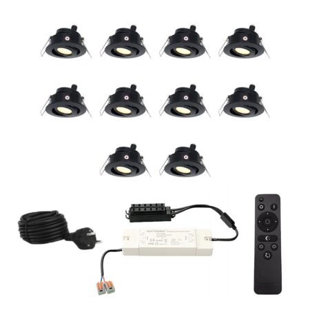 Set met 10 Sienna 12V inbouwspots - 3 Watt 200 lumen - 2700K warm wit - Zwart - IP44 waterdicht - kantelbaar - verandaspots - met afstandsbediening | HOFTRONIC