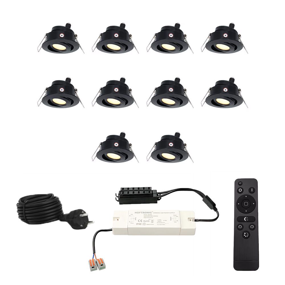 Set met 10 Sienna 12V inbouwspots - 3 Watt 200 lumen - 2700K warm wit - Zwart - IP44 waterdicht - kantelbaar - verandaspots - met afstandsbediening | HOFTRONIC