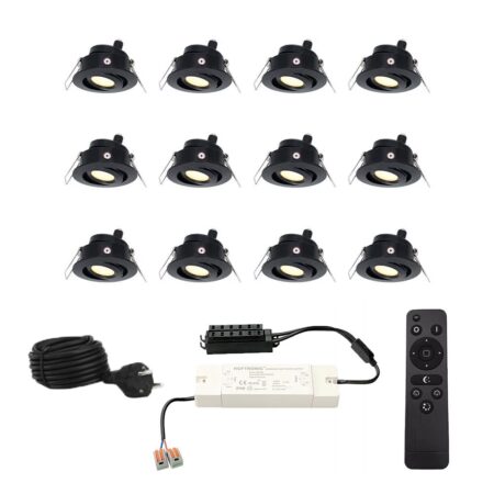 Set met 12 Sienna 12V inbouwspots - 3 Watt 200 lumen - 2700K warm wit - Zwart - IP44 waterdicht - kantelbaar - verandaspots - met afstandsbediening | HOFTRONIC