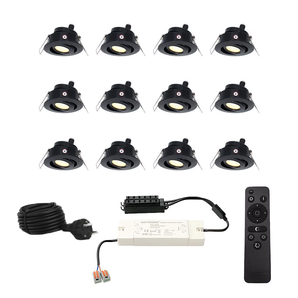 Set met 12 Sienna 12V inbouwspots - 3 Watt 200 lumen - 2700K warm wit - Zwart - IP44 waterdicht - kantelbaar - verandaspots - met afstandsbediening | HOFTRONIC