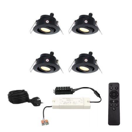 Set met 4 Sienna 12V inbouwspots - 3 Watt 200 lumen - 2700K warm wit - Zwart - IP44 waterdicht - kantelbaar - verandaspots - met afstandsbediening | HOFTRONIC