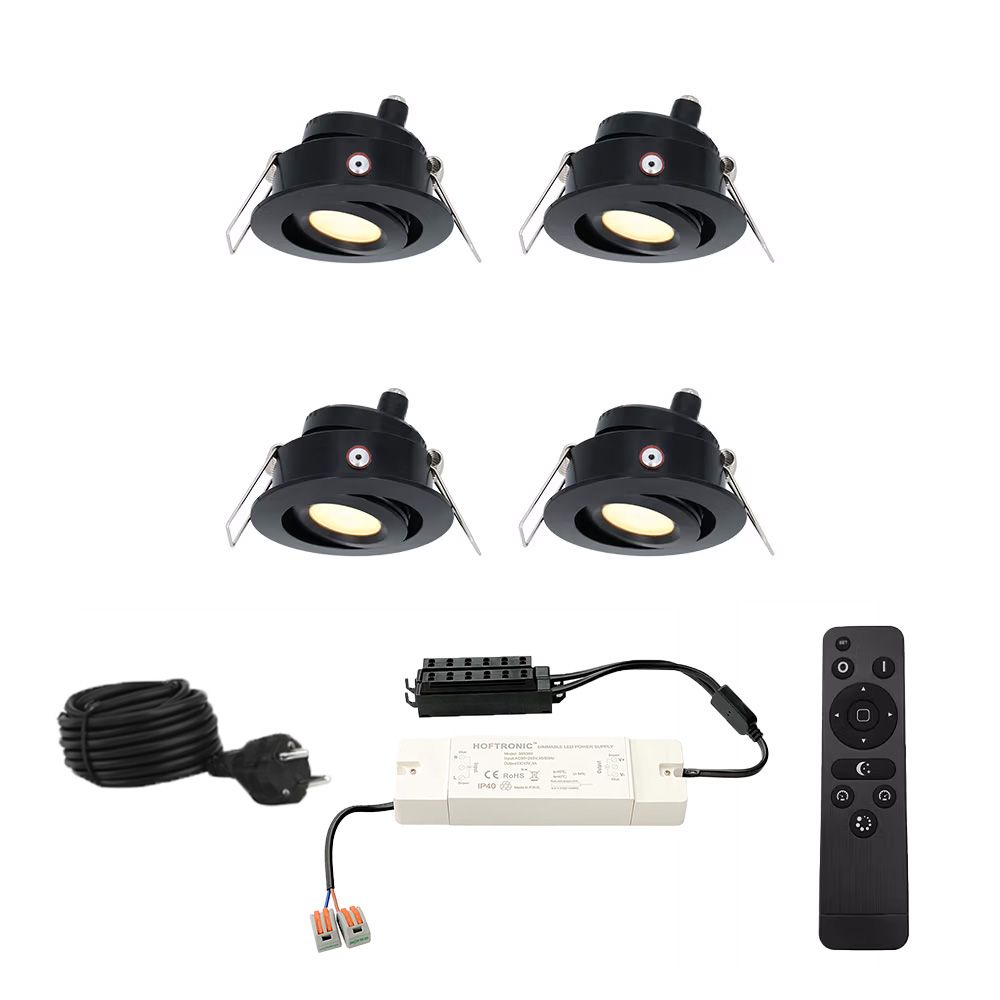 Set met 4 Sienna 12V inbouwspots - 3 Watt 200 lumen - 2700K warm wit - Zwart - IP44 waterdicht - kantelbaar - verandaspots - met afstandsbediening | HOFTRONIC