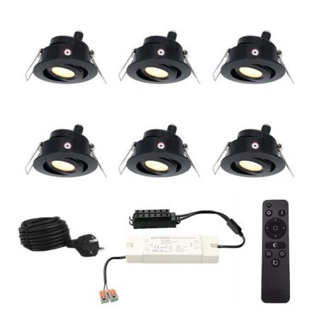 Set met 6 Sienna 12V inbouwspots - 3 Watt 200 lumen - 2700K warm wit - Zwart - IP44 waterdicht - kantelbaar - verandaspots - met afstandsbediening | HOFTRONIC