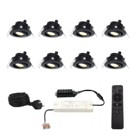 Set met 8 Sienna 12V inbouwspots - 3 Watt 200 lumen - 2700K warm wit - Zwart - IP44 waterdicht - kantelbaar - verandaspots - met afstandsbediening | HOFTRONIC