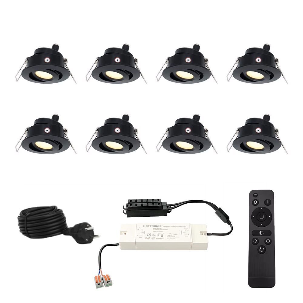 Set met 8 Sienna 12V inbouwspots - 3 Watt 200 lumen - 2700K warm wit - Zwart - IP44 waterdicht - kantelbaar - verandaspots - met afstandsbediening | HOFTRONIC