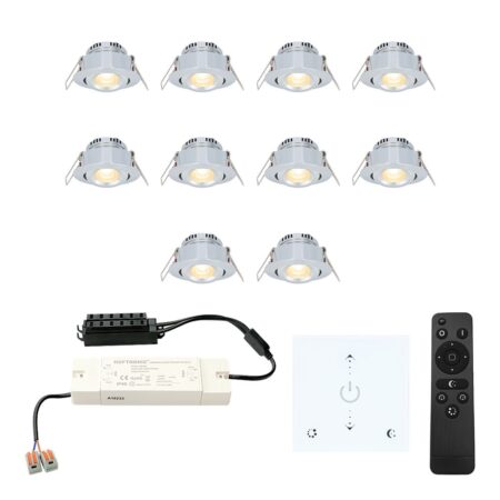 Set van 10 Granada LED Mini Inbouwspots met trafo en muurdimmer - 12 Volt 3 Watt 200 lumen - Dimbaar - Kantelbaar - Plat 35mm - 2700K - IP44 - RVS | HOFTRONIC