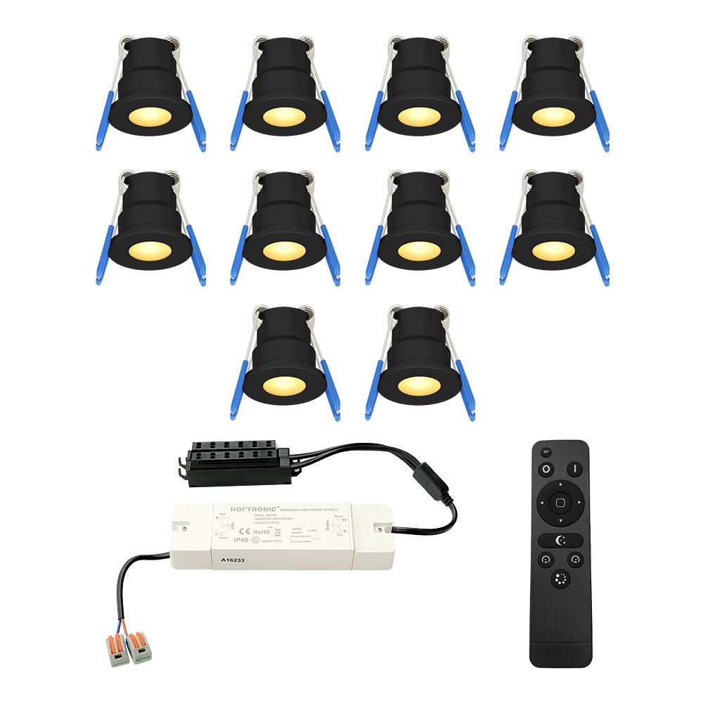 Set van 10 Milano LED Mini Inbouwspots met trafo - 12 Volt 3 Watt 200 lumen - Dimbaar - Plat 34mm - 2700K - IP65 waterdicht - Zwart - Veranda Spotjes - Overkapping Spotjes | HOFTRONIC