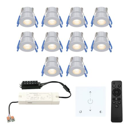 Set van 10 Milano LED Mini Inbouwspots met trafo en muurdimmer - 12 Volt 3 Watt 200 lumen - Dimbaar - Plat 34mm - 2700K - IP65 waterdicht - Grijs | HOFTRONIC