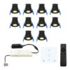 Set van 10 Milano LED Mini Inbouwspots met trafo en muurdimmer - 12 Volt 3 Watt 200 lumen - Dimbaar - Plat 34mm - 2700K - IP65 waterdicht - Zwart | HOFTRONIC