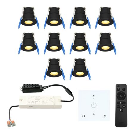 Set van 10 Milano LED Mini Inbouwspots met trafo en muurdimmer - 12 Volt 3 Watt 200 lumen - Dimbaar - Plat 34mm - 2700K - IP65 waterdicht - Zwart | HOFTRONIC