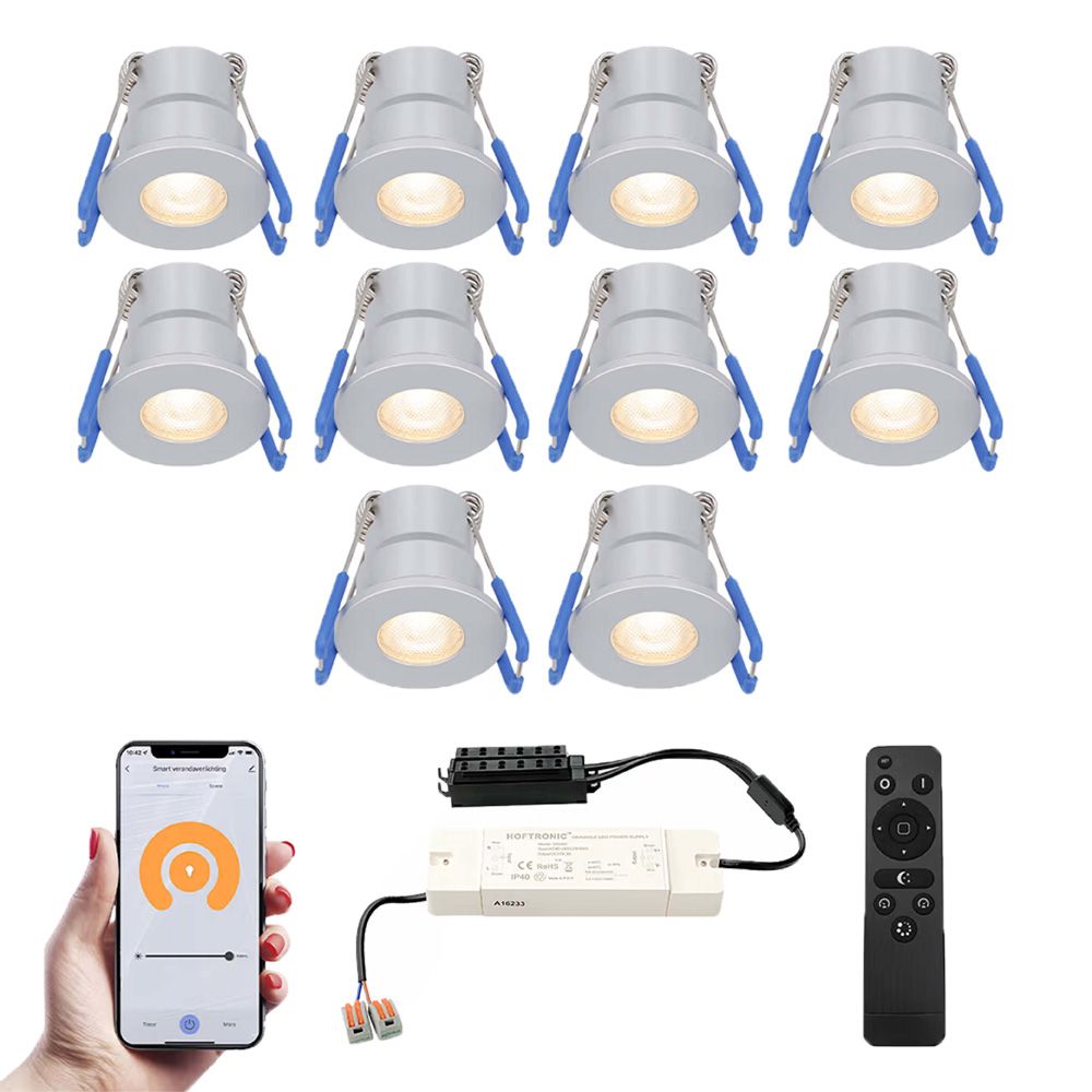 Set van 10 Milano Smart LED Mini Inbouwspots - Veranda spots - 12V 3W 200lm - Dimbaar - Wifi & Bluetooth - 2700K - IP65 waterdicht - RVS | HOFTRONIC