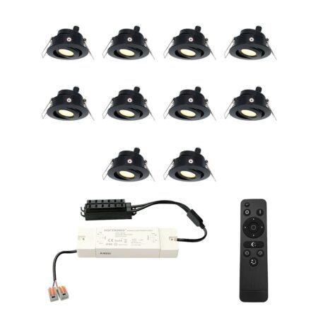 Set van 10 Sienna LED Mini Inbouwspots met trafo - 12 Volt 3 Watt 200 lumen - Dimbaar - Kantelbaar - Plat 30mm - 2700K - IP44 waterdicht - Zwart | HOFTRONIC