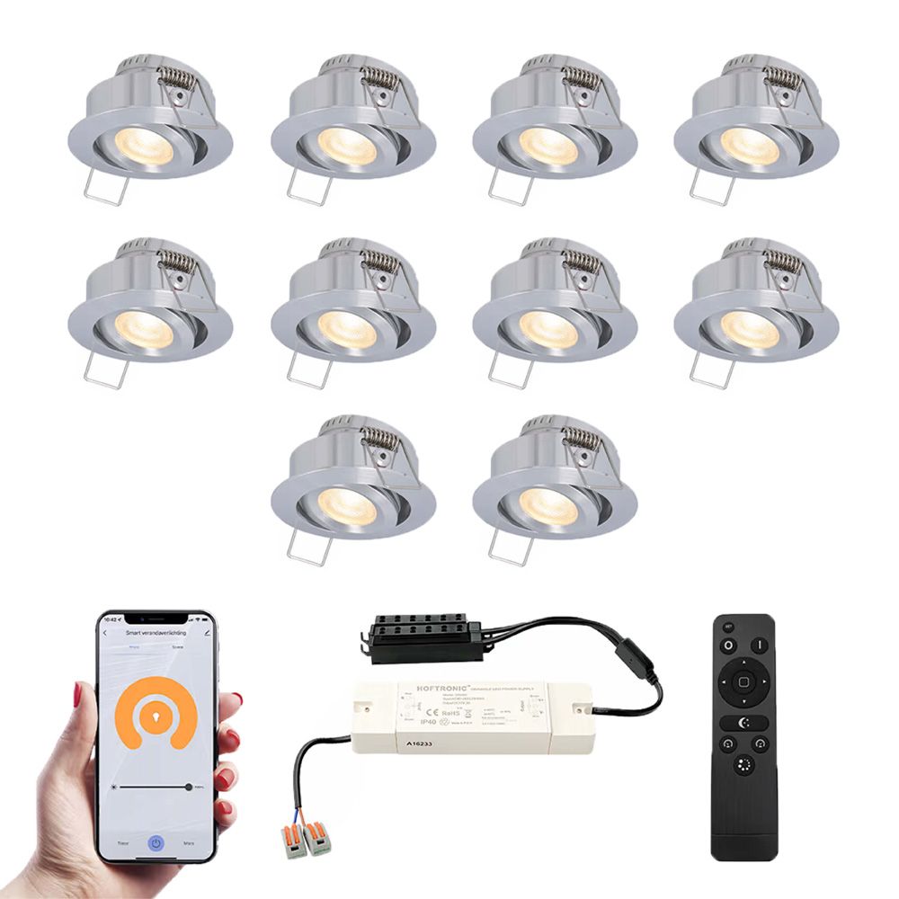 Set van 10 Sienna Smart LED Mini Inbouwspots - Veranda spots - 12V 3W 200lm - Dimbaar - Kantelbaar - Wifi & Bluetooth - 2700K - IP44 - RVS | HOFTRONIC