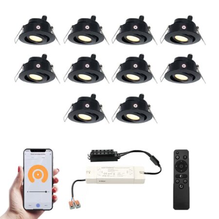 Set van 10 Sienna Smart LED Mini Inbouwspots - Veranda spots - 12V 3W 200lm - Dimbaar - Kantelbaar - Wifi & Bluetooth - 2700K - IP44 - Zwart | HOFTRONIC