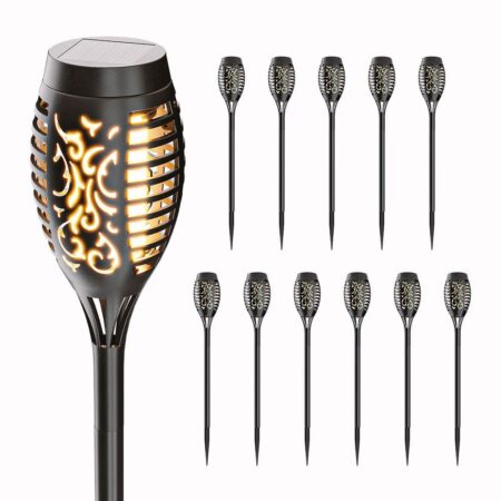 Set van 12 Avon - Solar tuinfakkels - Met realistisch vlameffect - Incl. schemerschakelaar - 2200K warmwit - IP65 waterdicht - 50 centimeter hoog | HOFTRONIC