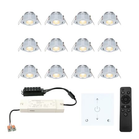 Set van 12 Granada LED Mini Inbouwspots met trafo en muurdimmer - 12 Volt 3 Watt 200 lumen - Kantelbaar - Plat 30mm - 2700K - IP44 waterdicht - RVS | HOFTRONIC