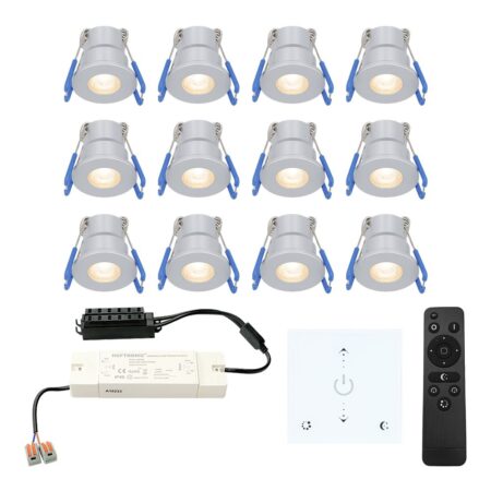 Set van 12 Milano LED Mini Inbouwspots met trafo en muurdimmer - 12 Volt 3 Watt 200 lumen - Dimbaar - Plat 34mm - 2700K - IP65 waterdicht - Grijs | HOFTRONIC