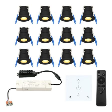 Set van 12 Milano LED Mini Inbouwspots met trafo en muurdimmer - 12 Volt 3 Watt 200 lumen - Dimbaar - Plat 34mm - 2700K - IP65 waterdicht - Zwart | HOFTRONIC