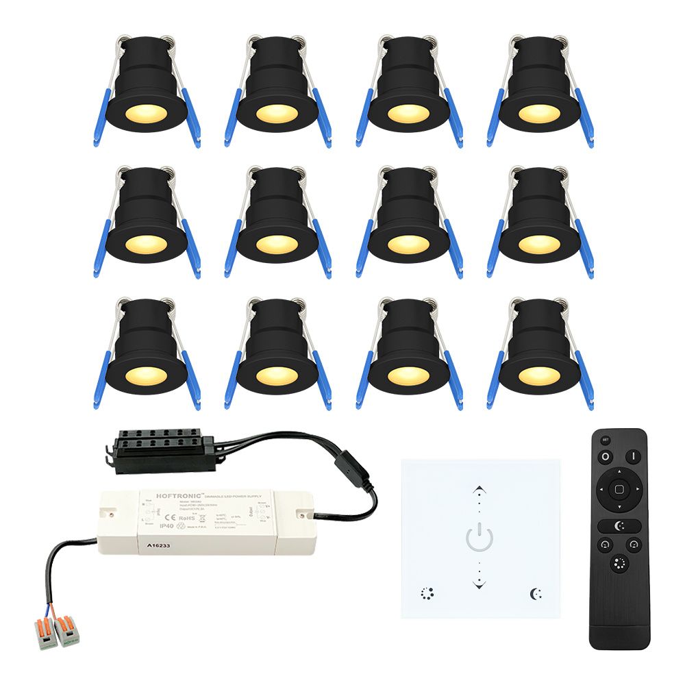 Set van 12 Milano LED Mini Inbouwspots met trafo en muurdimmer - 12 Volt 3 Watt 200 lumen - Dimbaar - Plat 34mm - 2700K - IP65 waterdicht - Zwart | HOFTRONIC