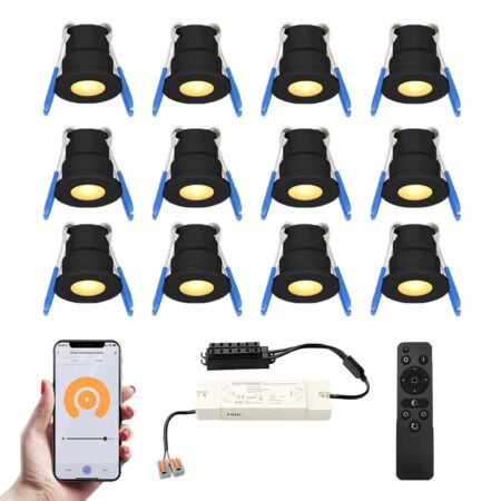 Set van 12 Milano Smart LED Mini Inbouwspots - Veranda spots - 12V 3W 200lm - Dimbaar - Wifi & Bluetooth - 2700K - IP65 waterdicht - Zwart | HOFTRONIC