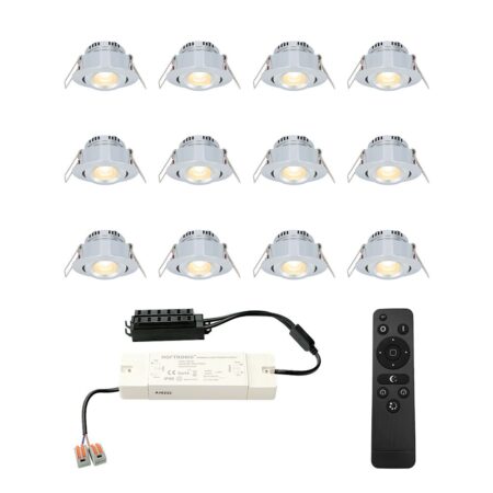 Set van 12 Sienna LED Mini Inbouwspots met trafo - 12 Volt 3 Watt 200 lumen - Dimbaar - Kantelbaar - Plat 30mm - 2700K - IP44 waterdicht - RVS | HOFTRONIC