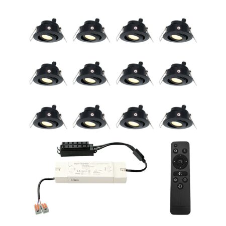 Set van 12 Sienna LED Mini Inbouwspots met trafo - 12 Volt 3 Watt 200 lumen - Dimbaar - Kantelbaar - Plat 30mm - 2700K - IP44 waterdicht - Zwart | HOFTRONIC