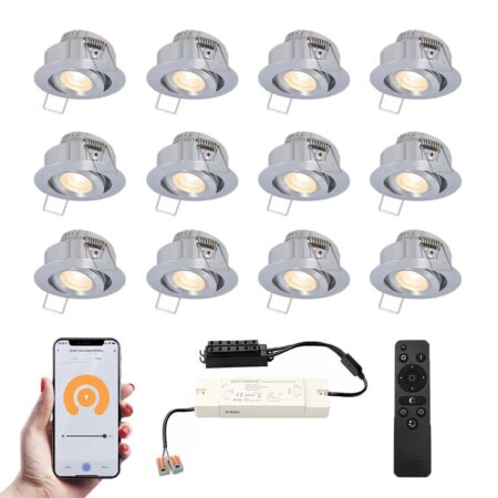Set van 12 Sienna Smart LED Mini Inbouwspots - Veranda spots - 12V 3W 200lm - Dimbaar - Kantelbaar - Wifi & Bluetooth - 2700K - IP44 - RVS | HOFTRONIC