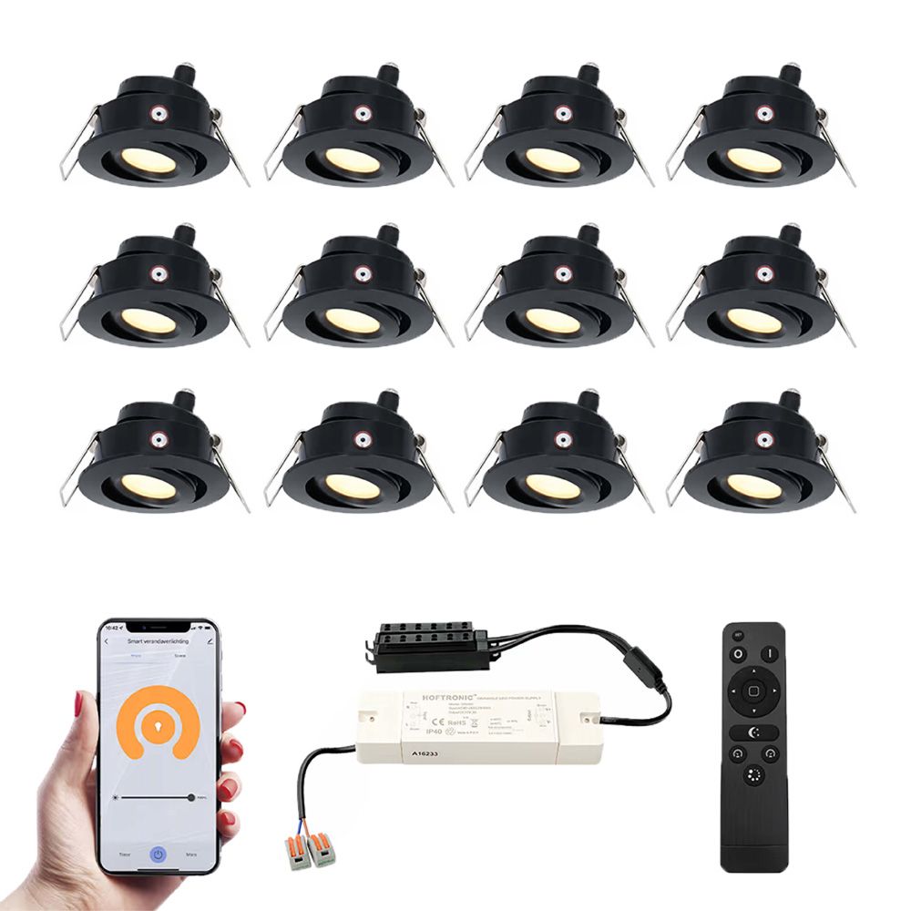 Set van 12 Sienna Smart LED Mini Inbouwspots - Veranda spots - 12V 3W 200lm - Dimbaar - Kantelbaar - Wifi & Bluetooth - 2700K - IP44 - Zwart | HOFTRONIC