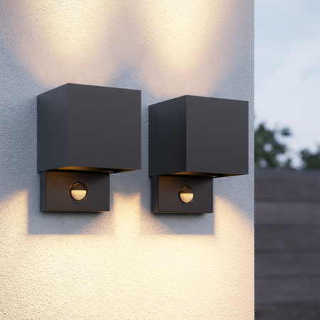 Set van 2 Kansas LED wandlamp PIR Sensor - IP65 - 3000K warm wit - 7 watt - Up & down light - Kubus - Voor buiten en binnen - Zwart | HOFTRONIC