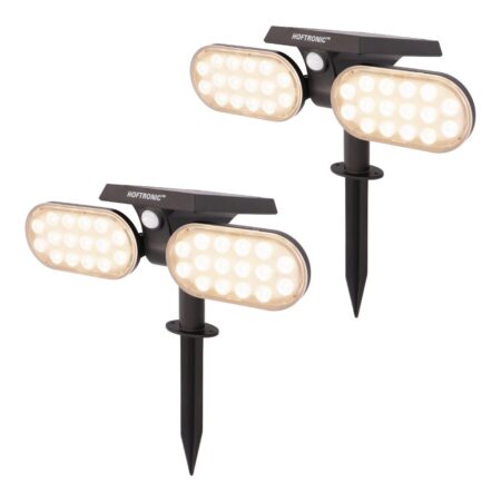 Set van 2 Pato - Solar prikspot - Bewegingssensor en schemerschakelaar - PIR - 3000K Warm wit - 2 lichtstanden - 300 Lumen - 6-12 uur brandtijd - IP65 waterdicht - Tuinspot | HOFTRONIC