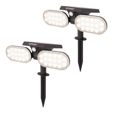 Set van 2 Pato solar Prikspots - Bewegingssensor en schemerschakelaar - PIR - 6000K Daglicht wit - 2 lichtstanden - 300Lumen - 6-12 uur brandtijd - IP65 waterdicht - Tuinspot | HOFTRONIC