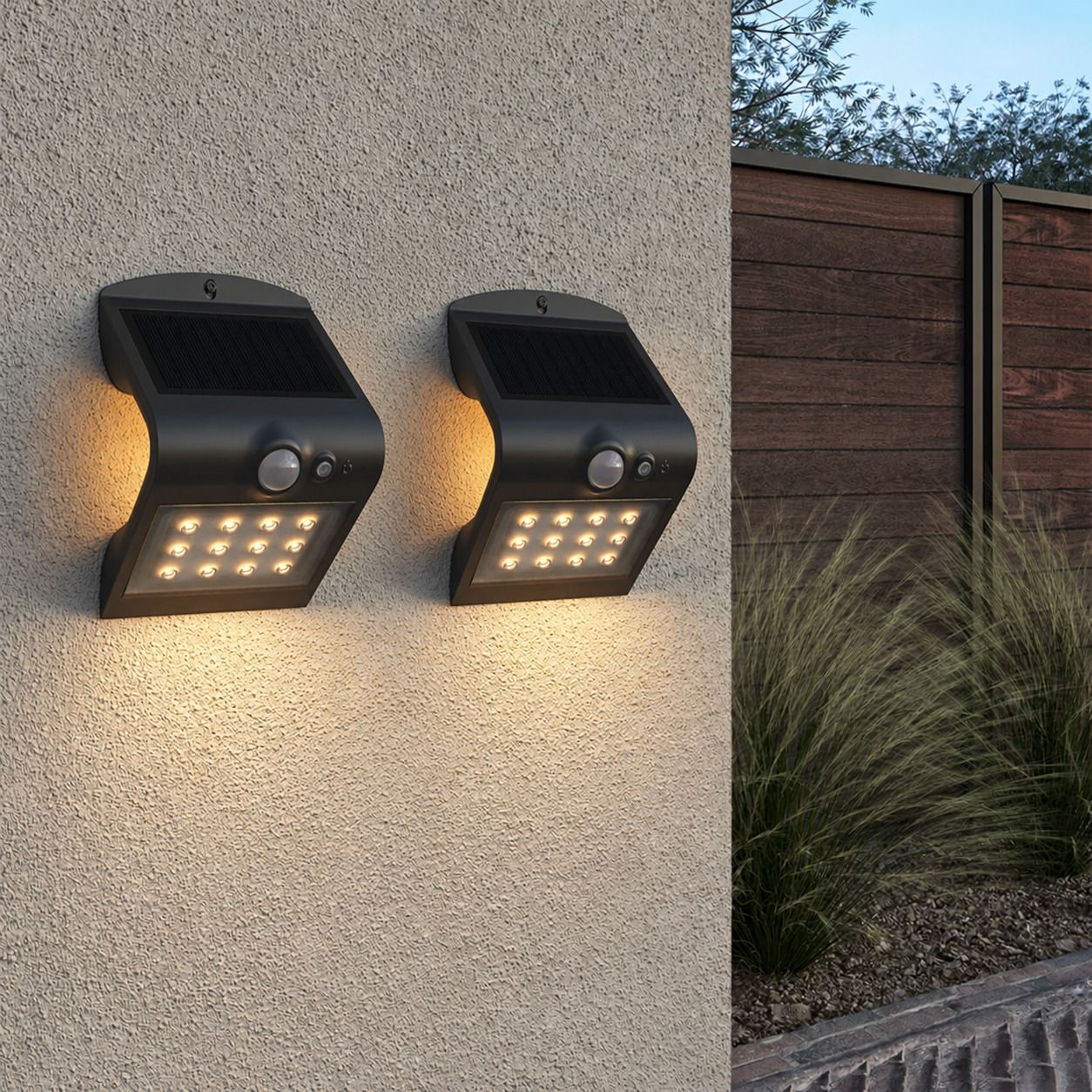 Set van 2 Rhodes Solar Wandlampen Up & Down - met Bewegingssensor - 1.5W - 3000K Warm wit - 2 lichtstanden - IP65 waterdicht - Wandlamp Schutting - Zwart | HOFTRONIC